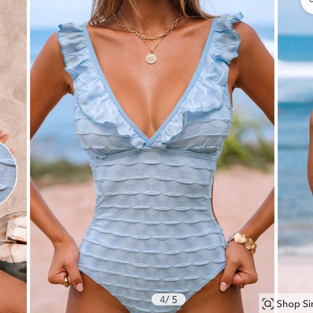 Light Blue Ruffled Plunging One-Piece - Picture 3 of 6